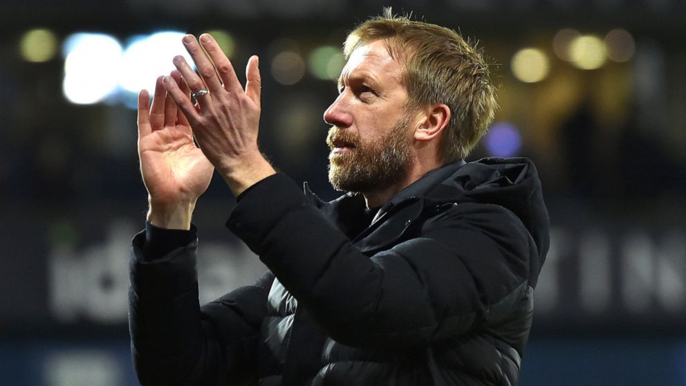FILE - Brighton's head coach Graham Potter during the English FA Cup third round soccer match between West Bromwich Albion and Brighton & Hove Albion at the Hawthorns, West Bromwich, England, Saturday, Jan. 8, 2022. Chelsea have announced on Thursday