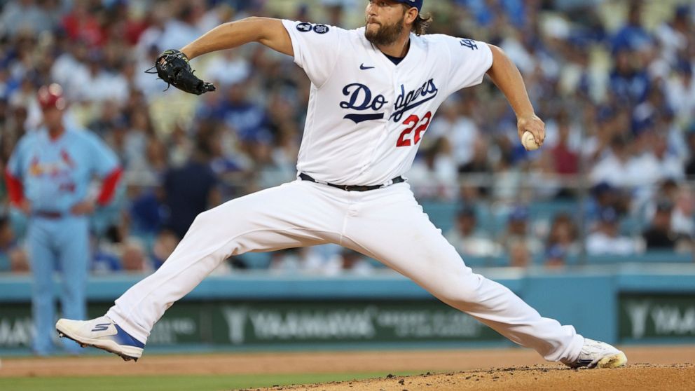 Los Angeles Dodgers starting pitcher Clayton Kershaw throws to the plate during the second inning of a baseball game against the St. Louis Cardinals, Saturday, Sept. 24, 2022, in Los Angeles. (AP Photo/Raul Romero Jr.)