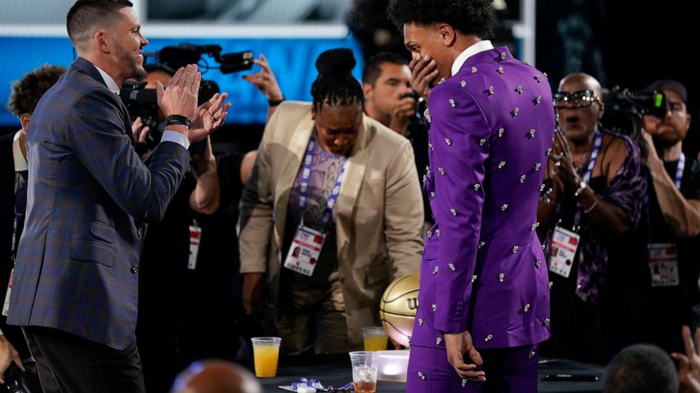Paolo Banchero, reacts after being selected as the number one pick overall by the Orlando Magic in the NBA basketball draft, Thursday, June 23, 2022, in New York. (AP Photo/John Minchillo)