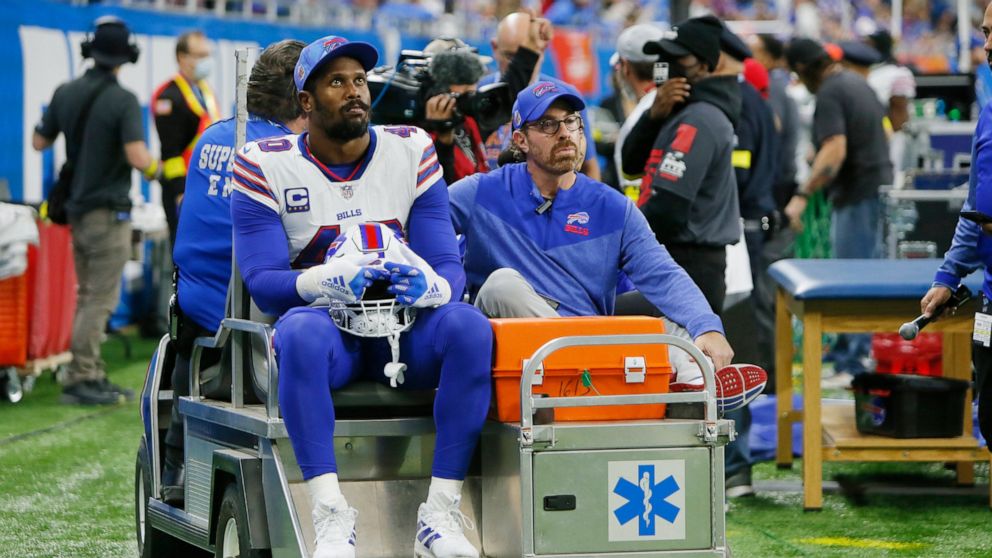 Buffalo Bills linebacker Von Miller (40) is carted off the field during the first half of an NFL football game against the Detroit Lions, Thursday, Nov. 24, 2022, in Detroit. (AP Photo/Duane Burleson)
