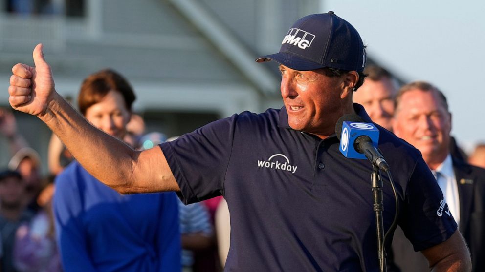 FILE - Phil Mickelson speaks after winning the PGA Championship golf tournament on the Ocean Course, May 23, 2021, in Kiawah Island, S.C. Mickelson has not been heard from in three months. It is uncertain if he will defend his title at Southern Hills