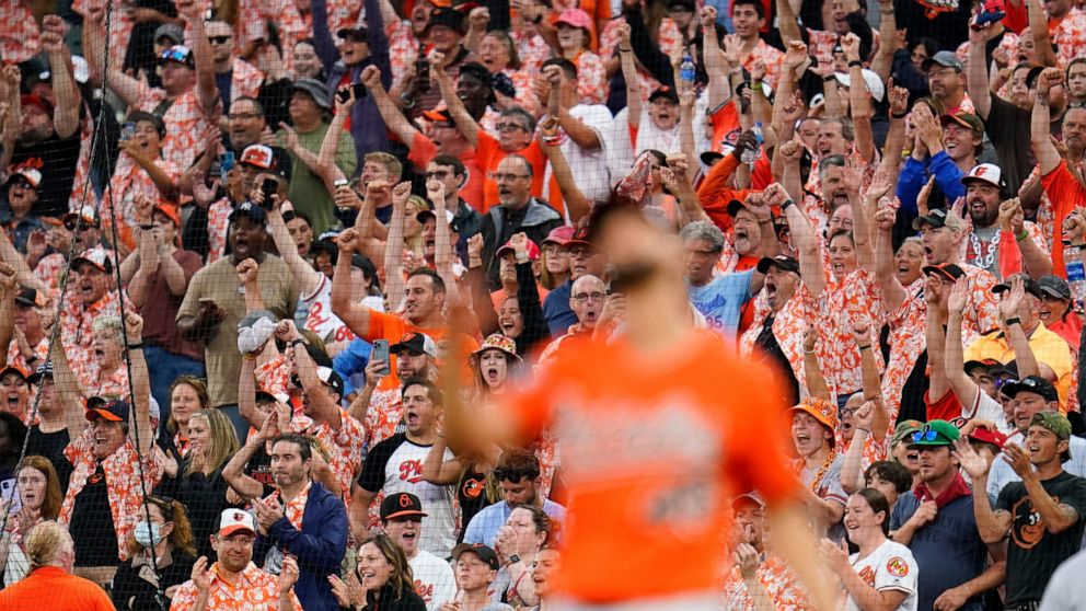 Fans wearing promotional Hawaiian shirts react after the Baltimore Orioles recorded the final out against the Los Angeles Angels during the ninth inning of a baseball game, Saturday, July 9, 2022, in Baltimore. The Orioles won 1-0. (AP Photo/Julio Cortez)