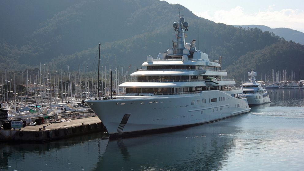 A view of Eclipse, a luxury yacht reported to belong to Russian businessman Roman Abramovich, docked at a port in the resort of Marmaris, Turkey, Tuesday, March 22, 2022. Turkish media reports say a second superyacht belonging to Chelsea soccer club 