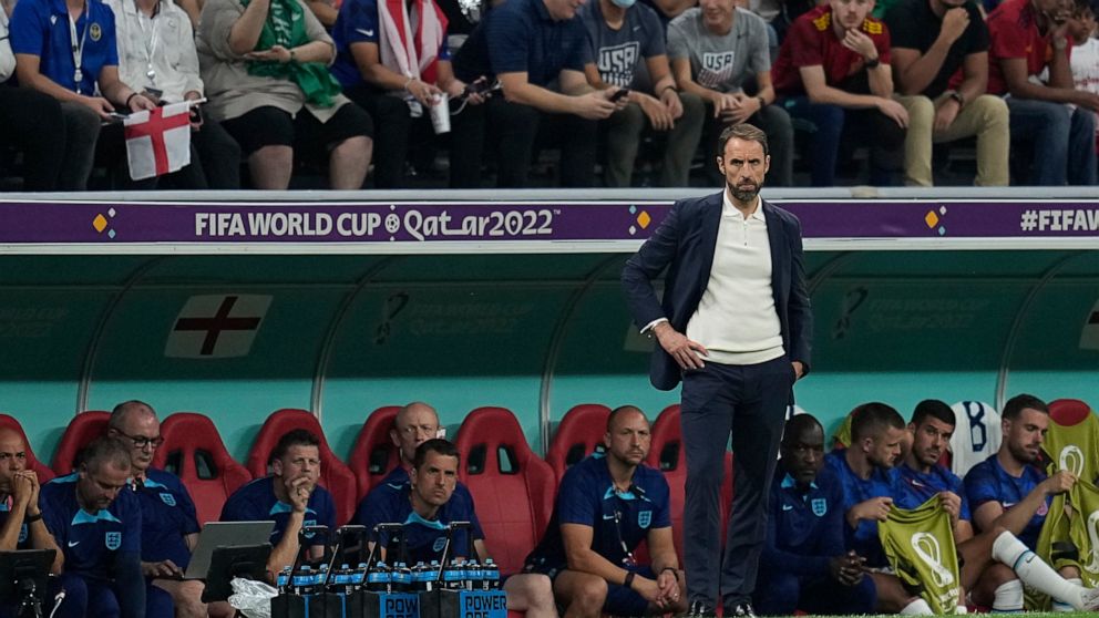 England's head coach Gareth Southgate watches play during the World Cup group B soccer match between England and The United States, at the Al Bayt Stadium in Al Khor , Qatar, Friday, Nov. 25, 2022. (AP Photo/Abbie Parr)