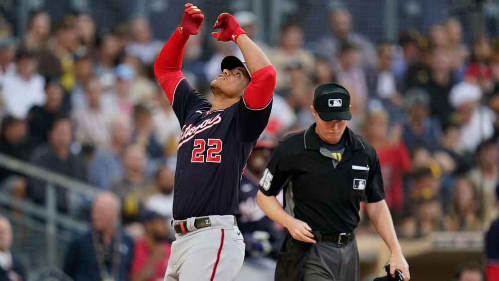 Washington Nationals' Juan Soto reacts after hitting a three-run home run during the first inning of a baseball game against the San Diego Padres, Wednesday, July 7, 2021, in San Diego. (AP Photo/Gregory Bull)