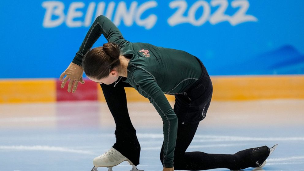 Kamila Valieva, of the Russian Olympic Committee, trains at the 2022 Winter Olympics, Saturday, Feb. 12, 2022, in Beijing. (AP Photo/Bernat Armangue)