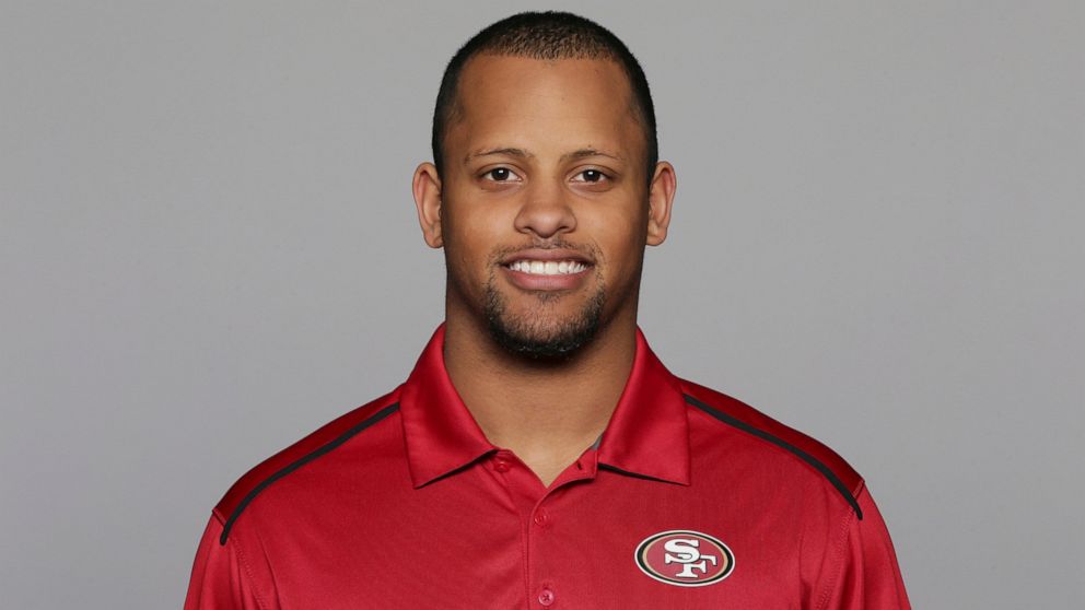 FILE - This 2016, file photo shows Keanon Lowe of the San Francisco 49ers NFL football team. Lowe, a former analyst for the 49ers and wide receiver at the University of Oregon, subdued a person with a gun who appeared on a Portland, Oregon high schoo