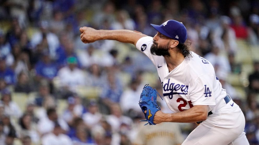 Los Angeles Dodgers starting pitcher Tony Gonsolin throws to the plate during the first inning of a baseball game against the San Diego Padres Friday, Aug. 5, 2022, in Los Angeles. (AP Photo/Mark J. Terrill)