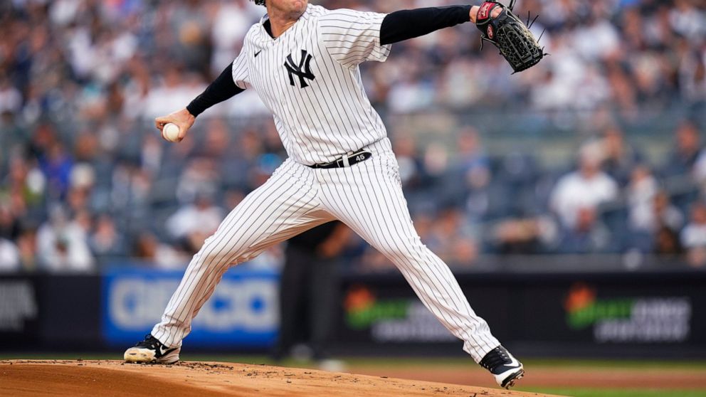 New York Yankees' Gerrit Cole pitches during the first inning of the team's baseball game against the Detroit Tigers on Friday, June 3, 2022, in New York. (AP Photo/Frank Franklin II)