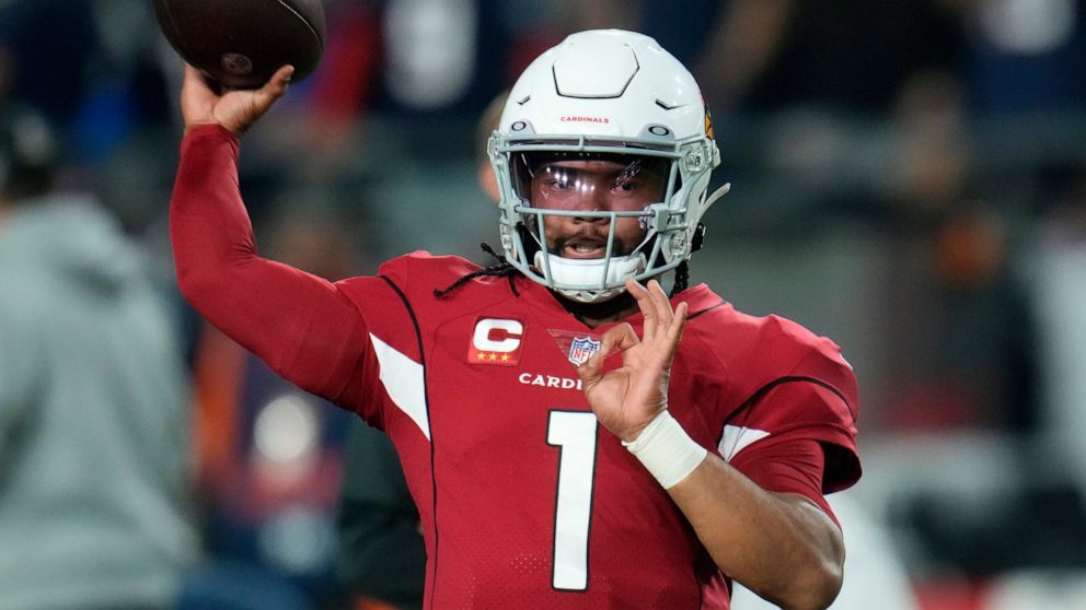 Arizona Cardinals quarterback Kyler Murray (1) warms up before an NFL football game against the New England Patriots, Monday, Dec. 12, 2022, in Glendale, Ariz. (AP Photo/Ross D. Franklin)
