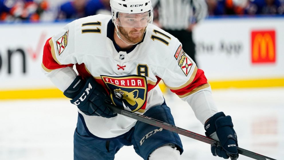 FILE -Florida Panthers' Jonathan Huberdeau (11) skates during the third period of an NHL hockey game against the New York Islanders Tuesday, April 19, 2022, in Elmont, N.Y. Matthew Tkachuk is being traded to the Florida Panthers, part of a blockbuste