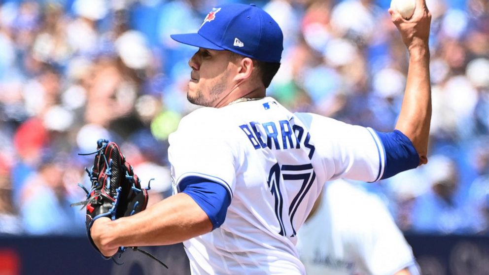 Toronto Blue Jays starting pitcher Jose Berrios throws to a Detroit Tigers batter in the first inning of a baseball game in Toronto, Sunday, July 31, 2022. (Jon Blacker/The Canadian Press via AP)