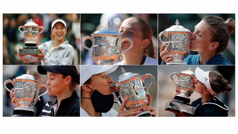 FILE - From the French Open tennis tournament in Paris, top from left; Garbine Muguruza holds the trophy after defeating Serena Williams, Saturday, June 4, 2016; Latvia's Jelena Ostapenko kisses the cup after defeating Romania's Simona Halep, Saturda