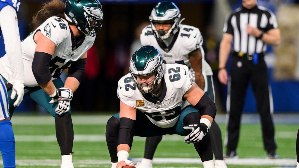 FILE - Philadelphia Eagles center Jason Kelce (62) lines up before the snap during the team's NFL football game against the Indianapolis Colts, Nov. 20, 2022, in Indianapolis. Four-time All-Pro center Kelce anchors the team's offensive line. Kelce is