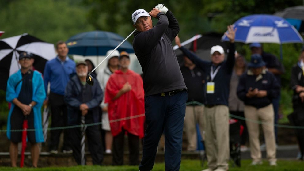 Stephen Dodd tees off on No. 1 during the first round of the U.S. Senior Open golf tournament Thursday, June 23, 2022, at Saucon Valley Country Club in Bethlehem, Pa. (Rick Kintzel/The Morning Call via AP)