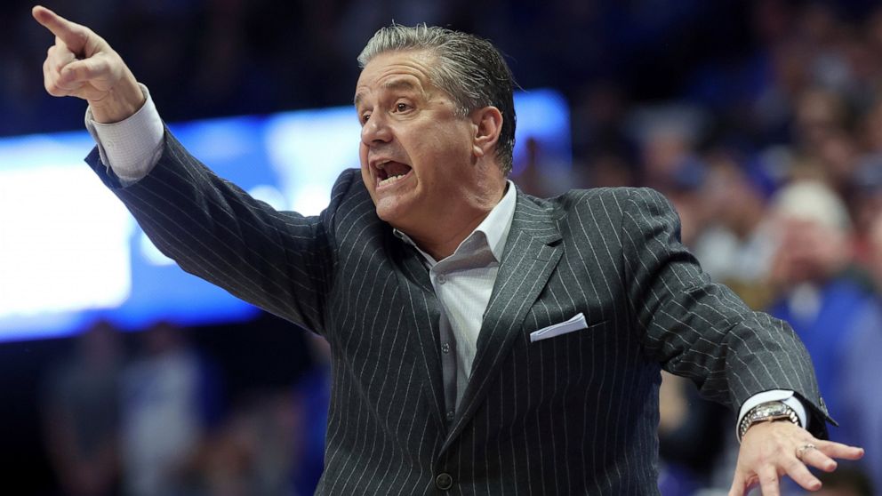 FILE - Kentucky coach John Calipari gestures during the second half of the team's NCAA college basketball game against LSU in Lexington, Ky., Feb. 23, 2022. Calipari's push for upgraded practice facilities for his Kentucky’s men’s basketball team dre