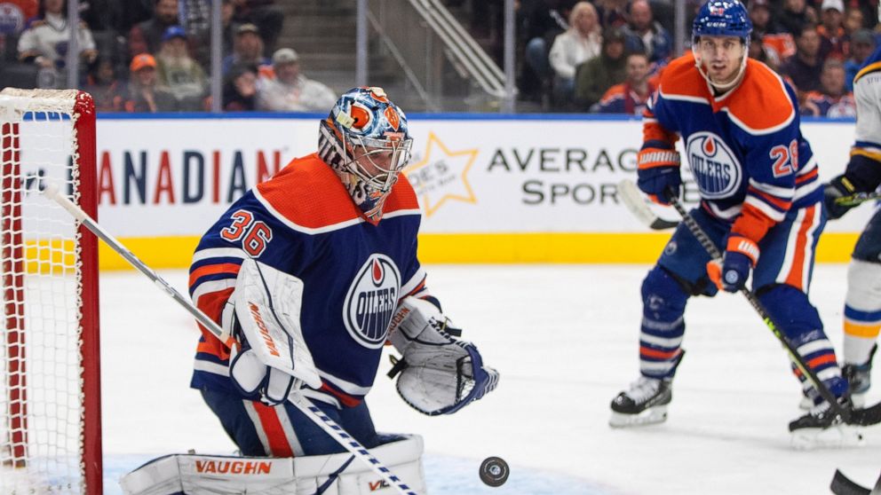 Edmonton Oilers goalie Jack Campbell (36) makes a save against the St. Louis Blues during the third period of an NHL game in Edmonton, Alberta, Saturday, Oct. 22, 2022. (Jason Franson/The Canadian Press via AP)
