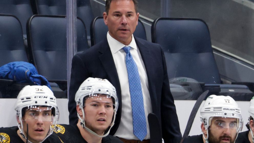 FILE - Boston Bruins coach Bruce Cassidy watches during the third period of the team's NHL hockey game against the New York Islanders on Feb. 17, 2022, in Elmont, N.Y. The Vegas Golden Knights named Cassidy as the team's coach Tuesday, June 14. (AP P