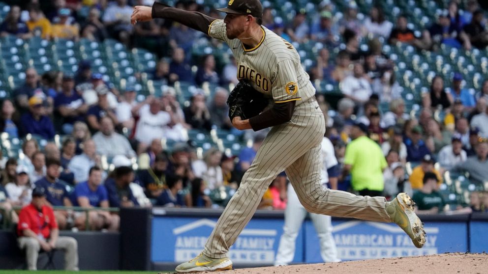 San Diego Padres starting pitcher Joe Musgrove throws during the second inning of a baseball game against the Milwaukee Brewers Friday, June 3, 2022, in Milwaukee. (AP Photo/Morry Gash)