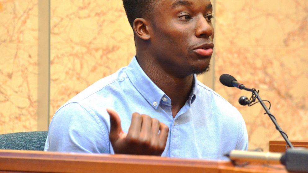 In this Monday, Sept. 9, 2019 photo, New York Giants cornerback Corey Ballentine testifies during a preliminary hearing in Shawnee County District Court in Topeka, Kan., about the fatal shooting of Dwane Simmons, his best friend and former Washburn U