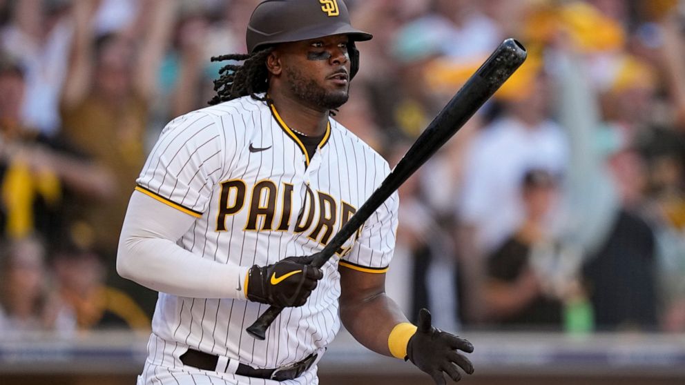 FILE - San Diego Padres' Josh Bell watches hit RBI-single during the fifth inning in Game 2 of the baseball NL Championship Series between the San Diego Padres and the Philadelphia Phillies on Oct. 19, 2022, in San Diego. The Cleveland Guardians and 
