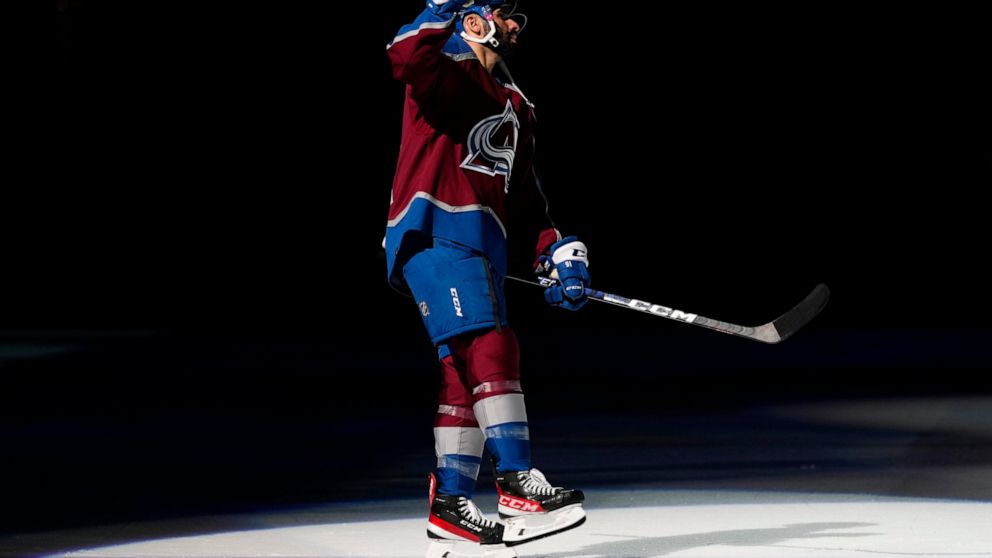 Colorado Avalanche center Nazem Kadri skates on the ice after the team's 4-0 win against the Edmonton Oilers in Game 2 of the NHL hockey Stanley Cup playoffs Western Conference finals Thursday, June 2, 2022, in Denver. (AP Photo/Jack Dempsey)