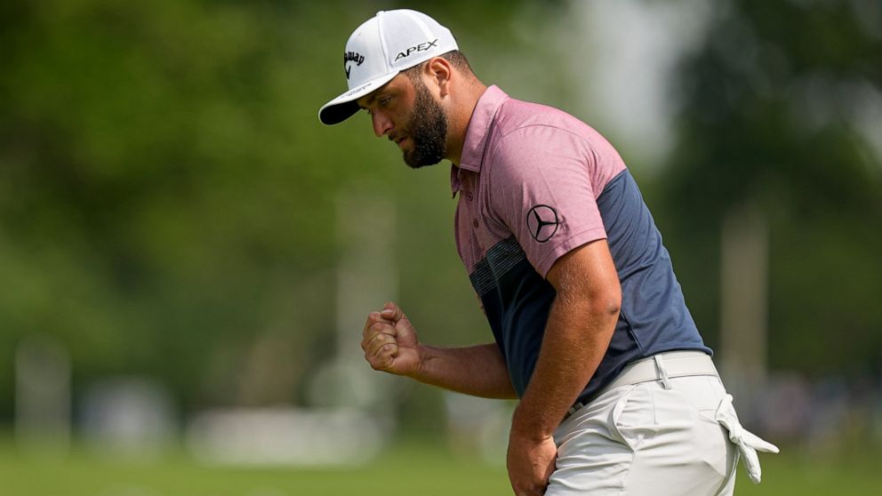 Jon Rahm, of Spain, celebrates after a putt on the 17th hole during the second round of the PGA Championship golf tournament at Southern Hills Country Club, Friday, May 20, 2022, in Tulsa, Okla. (AP Photo/Eric Gay)