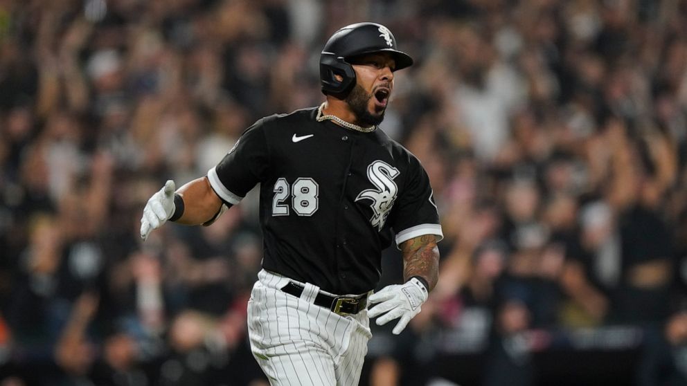 Chicago White Sox's Leury Garcia rounds the bases after hitting a three-run home run against the Houston Astros in the third inning during Game 3 of a baseball American League Division Series Sunday, Oct. 10, 2021, in Chicago. (AP Photo/Nam Y. Huh)