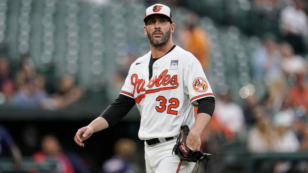 FILE - Baltimore Orioles starting pitcher Matt Harvey heads to the dugout after pitching to the Minnesota Twins in the second inning of a baseball game on June 2, 2021, in Baltimore. Harvey was suspended for 60 games by Major League Baseball on Tuesd