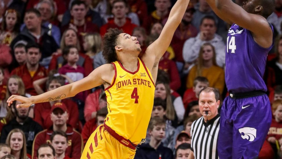 Iowa State forward George Conditt IV tries to block the shot of Kansas State forward Makol Mawien during the first half of an NCAA college basketball game, Saturday, Jan. 12, 2019, in Ames, Iowa. (AP Photo/Justin Hayworth)