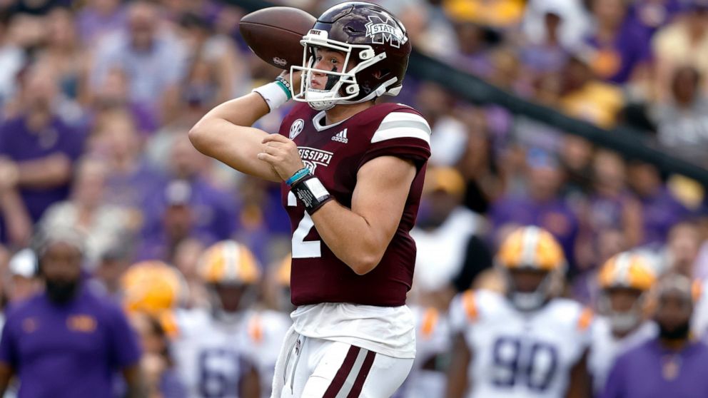 Mississippi State quarterback Will Rogers throws a pass during the first half of the team's NCAA college football game against LSU in Baton Rouge, La., Saturday, Sept. 17, 2022. (AP Photo/Tyler Kaufman)