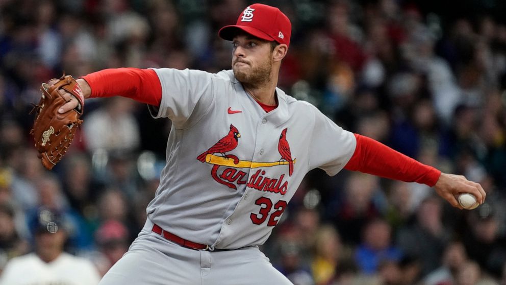 St. Louis Cardinals starting pitcher Steven Matz throws during the first inning of a baseball game against the Milwaukee Brewers Saturday, April 16, 2022, in Milwaukee. (AP Photo/Morry Gash)
