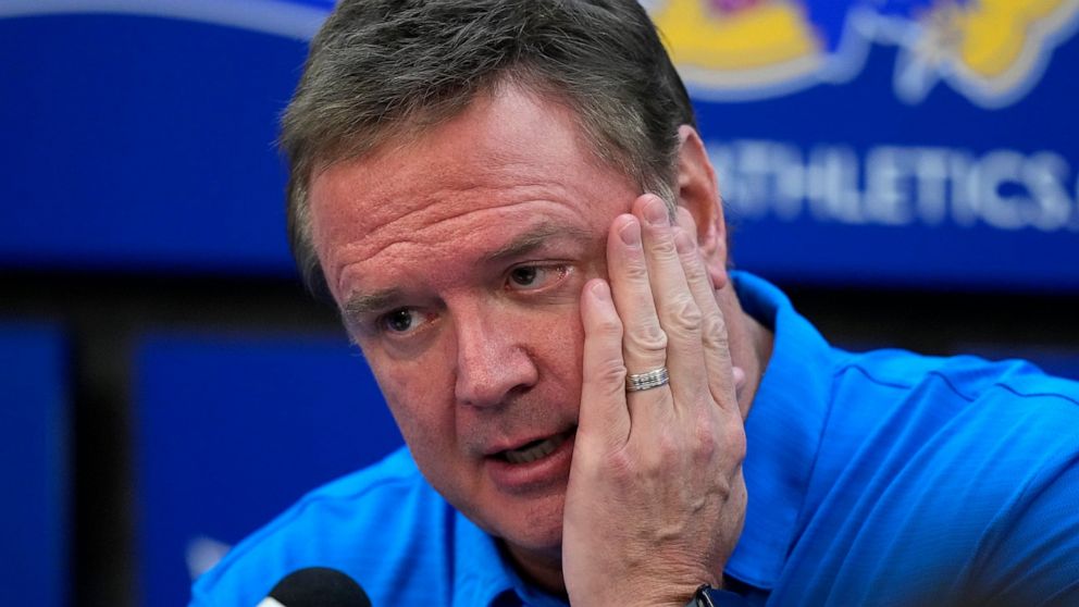 Kansas head coach Bill Self talks to the media after an exhibition NCAA college basketball game Thursday, Nov. 3, 2022, in Lawrence, Kan. Self and assistant Kurtis Townsend on Wednesday were suspended for the first four games of the season as part of