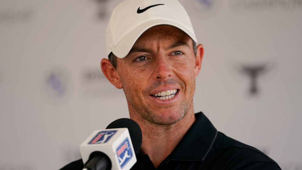 Rory McIlroy, of Northern Ireland, speaks to reporters after participating in the ProAm at the BMW Championship golf tournament at Wilmington Country Club, Wednesday, Aug. 17, 2022, in Wilmington, Del. The BMW Championship tournament begins on Thursd