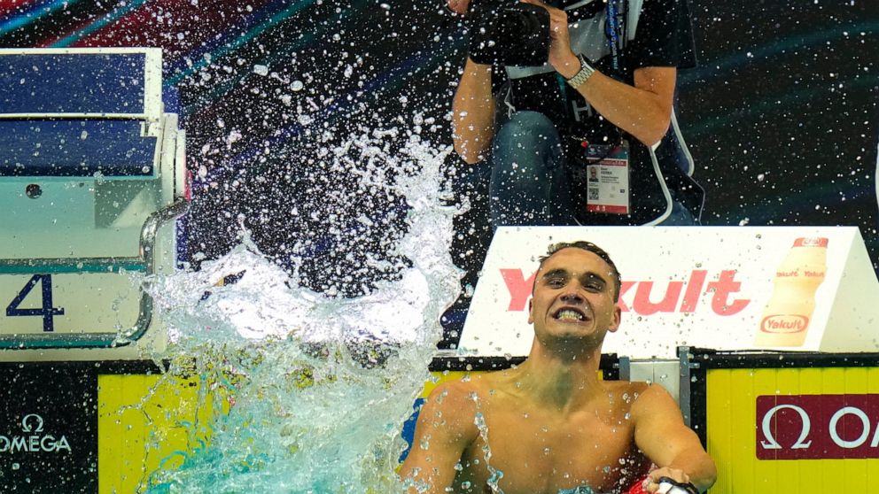 Kristof Milak of Hungary reacts after winning the Men 200m Butterfly final at the 19th FINA World Championships in Budapest, Hungary, Tuesday, June 21, 2022. (AP Photo/Petr David Josek)