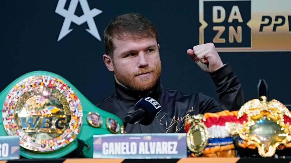 Canelo Alvarez, of Mexico gestures during a news conference Thursday, Sept. 15, 2022, in Las Vegas. Alvarez scheduled to fight Gennady Golovkin in a super middleweight title bout Saturday in Las Vegas. (AP Photo/John Locher)