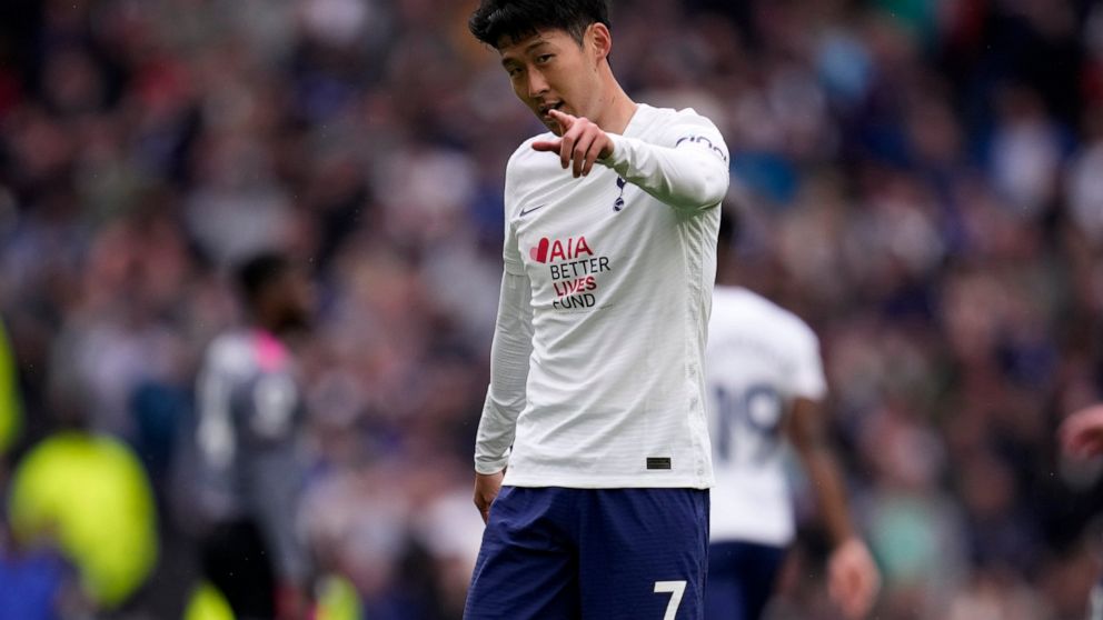Tottenham's Son Heung-min gestures to celebrate scoring his side's second goal during the English Premier League soccer match between Tottenham Hotspur and Leicester City at Tottenham Hotspur stadium in London, England, Sunday, May 1, 2022. (AP Photo