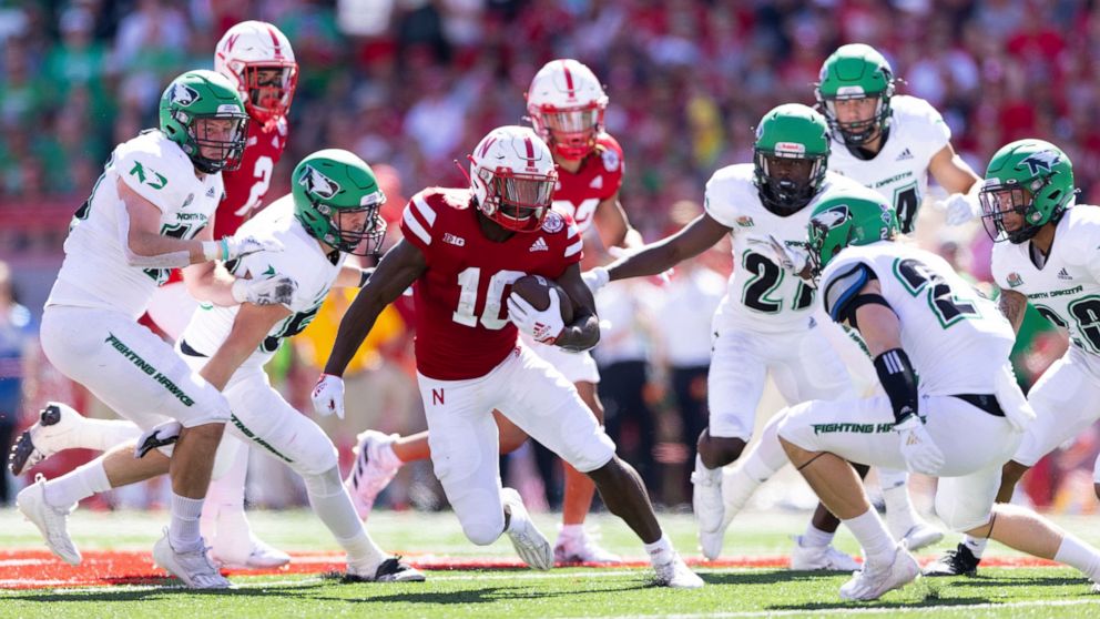 Nebraska's Anthony Grant (10) rushes against North Dakota during the first half of an NCAA college football game Saturday, Sept. 3, 2022, in Lincoln, Neb. (AP Photo/Rebecca S. Gratz)