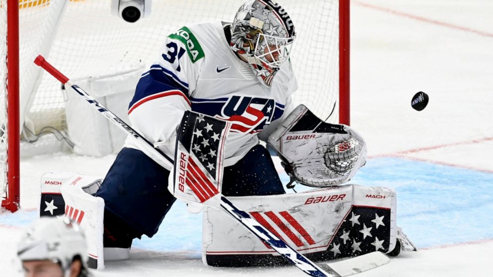 Goalkeeper Strauss Mann of USA in action during the 2022 IIHF Ice Hockey World Championships preliminary round group B match between Austria and USA in Tampere, Finland, Sunday May 15, 2022. (Vesa Moilanen/Lehtikuva via AP)