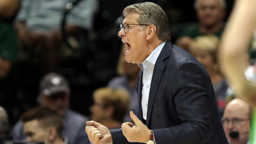 Connecticut head coach Geno Auriemma reacts during the second half of an NCAA college basketball game against South Florida, Sunday, Feb. 16, 2020, in Tampa, Fla. (AP Photo/Mike Carlson)