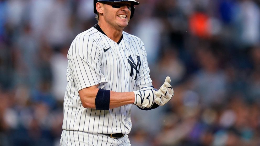 New York Yankees' Josh Donaldson reacts after flying out to end the third inning of the team's baseball game against the Chicago Cubs on Friday, June 10, 2022, in New York. (AP Photo/Frank Franklin II)