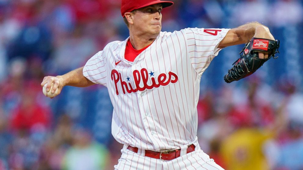 Philadelphia Phillies stating pitcher Kyle Gibson pitches during the third inning of the team's baseball game against the Washington Nationals, Friday, Aug. 5, 2022, in Philadelphia. (AP Photo/Chris Szagola)