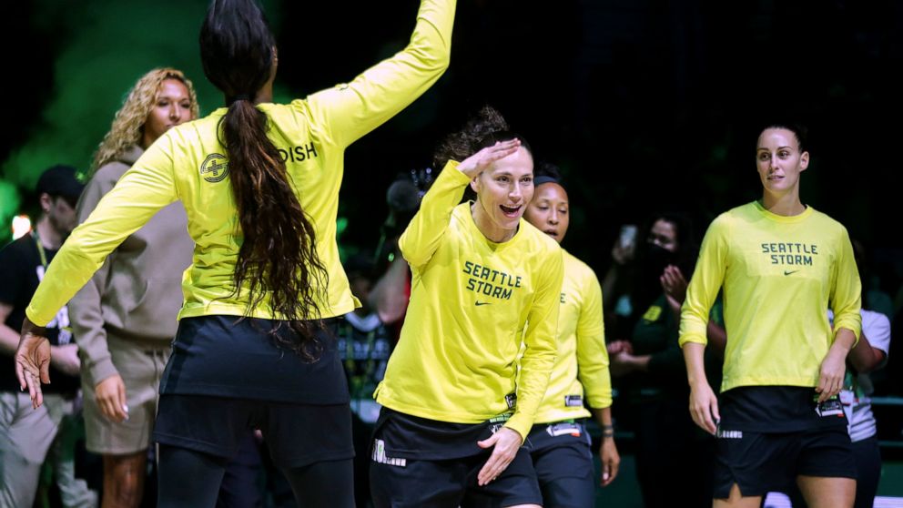 Seattle Storm guard Sue Bird (10) is introduced before Game 1 of the team's WNBA basketball first-round playoff series against the Washington Mystics on Thursday, Aug. 18, 2022, in Seattle. (AP Photo/Lindsey Wasson)