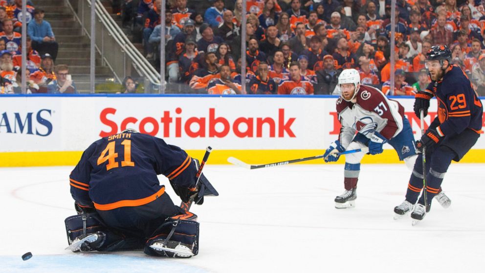Colorado Avalanche left wing J.T. Compher (37) scores on Edmonton Oilers goalie Mike Smith (41) as Leon Draisaitl (29) defends during the third period of Game 3 of the NHL hockey Stanley Cup playoffs Western Conference finals, Saturday, June 4, 2022,