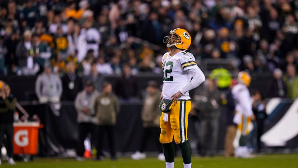 Green Bay Packers quarterback Aaron Rodgers reacts during the second half of an NFL football game against the Philadelphia Eagles, Sunday, Nov. 27, 2022, in Philadelphia. (AP Photo/Matt Slocum)
