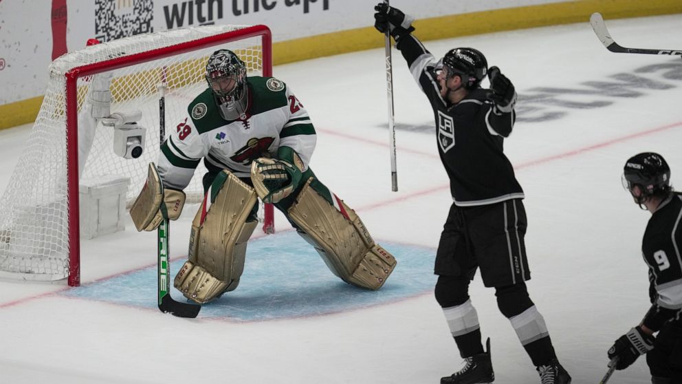 Minnesota Wild goaltender Marc-Andre Fleury (29) reacts as Los Angeles Kings center Gabriel Vilardi (13) celebrates after scoring during the third period of an NHL hockey game Tuesday, Nov. 8, 2022, in Los Angeles. (AP Photo/Ashley Landis)