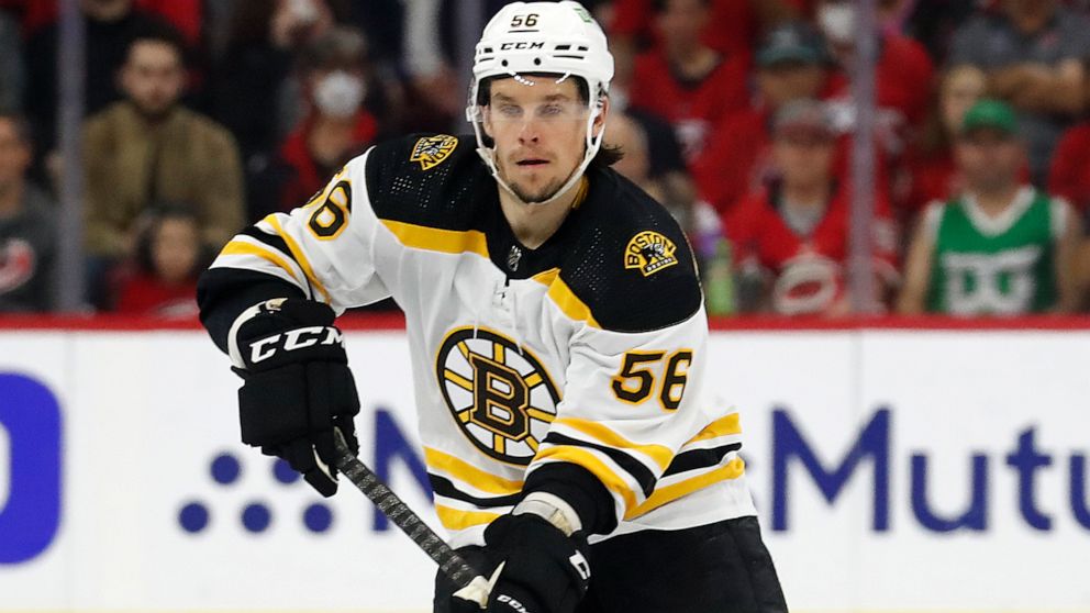FILE - Boston Bruins' Erik Haula (56) moves the puck against the Carolina Hurricanes during the first period of Game 2 of an NHL hockey Stanley Cup first-round playoff series in Raleigh, N.C., Wednesday, May 4, 2022. The New Jersey Devils swapped for