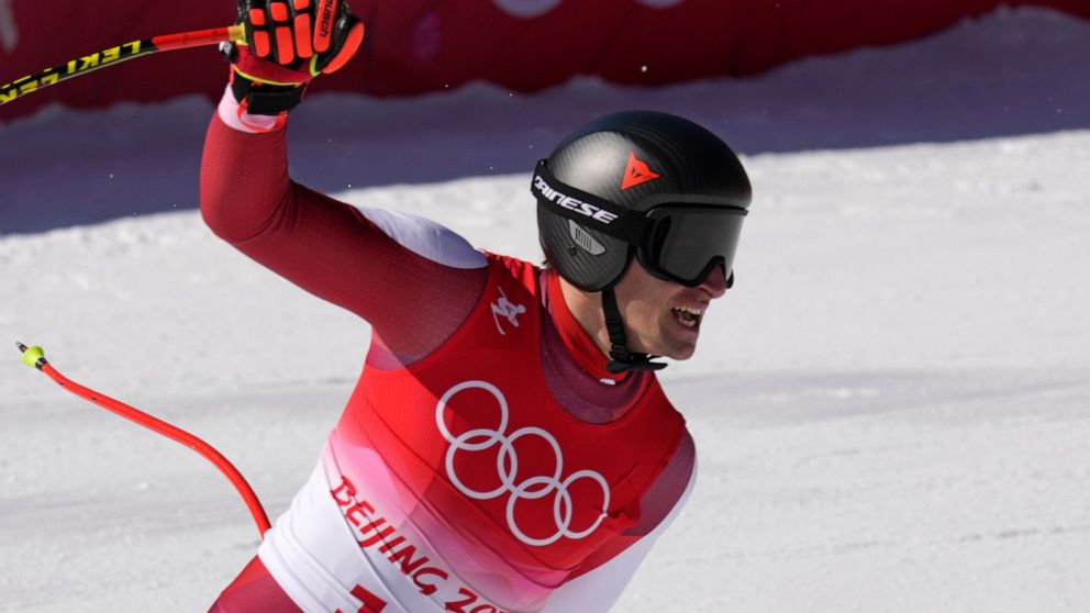 Matthias Mayer of Austria reacts after finishing the the men's super-G at the 2022 Winter Olympics, Tuesday, Feb. 8, 2022, in the Yanqing district of Beijing. (AP Photo/Luca Bruno)