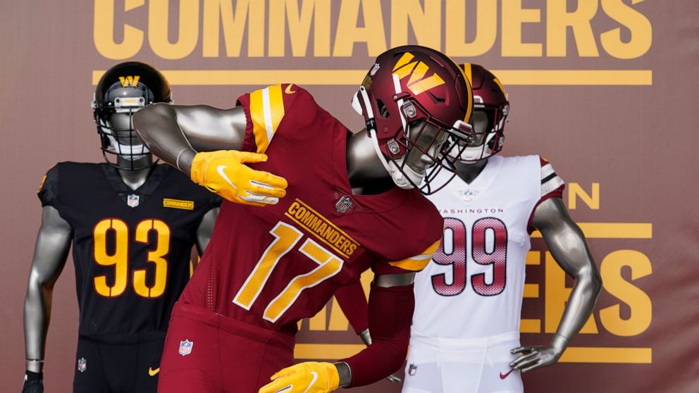 FILE - Washington Commanders jerseys are displayed at an event to unveil the NFL football team's new identity, Wednesday, Feb. 2, 2022, in Landover, Md. The NFL's Washington Commanders denied several allegations of financial impropriety in a letter w