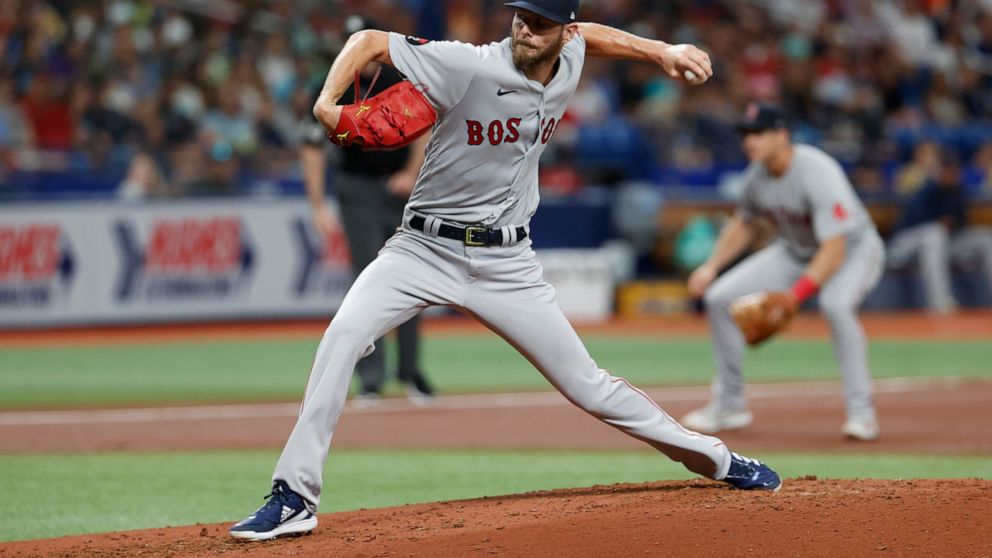 Boston Red Sox starting pitcher Chris Sale throws to a Tampa Bay Rays batter during the second inning of a baseball game Tuesday July 12, 2022, in St. Petersburg, Fla. (AP Photo/Scott Audette)